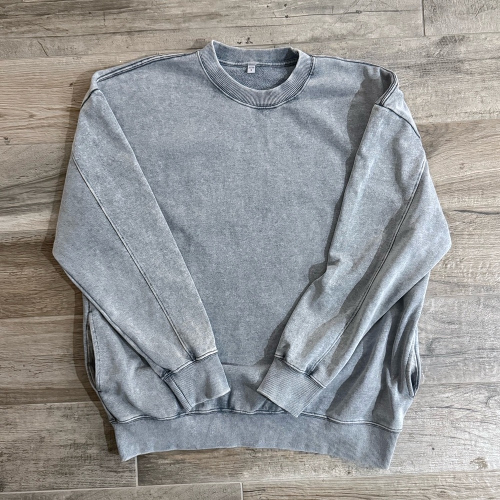 Oversized Acid Wash Crewneck Sweatshirt w Pockets Gray Small - Picture 3 of 10